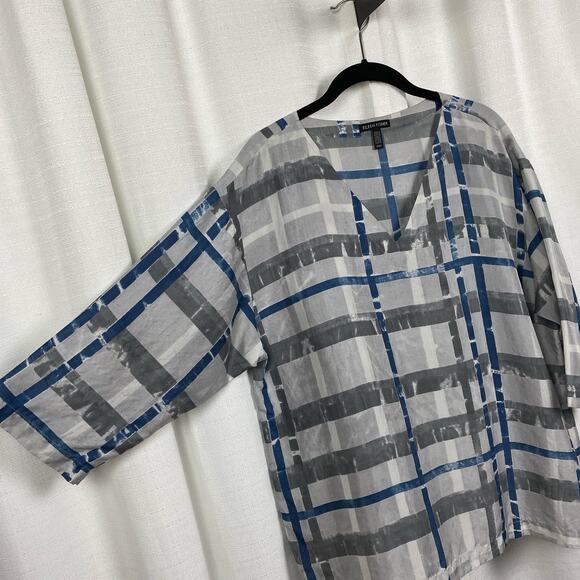 Eileen Fisher Gray&Blue Silk 3/4 Sleeve Boxy Fit Blouse Sz.M - Picture 4 of 8